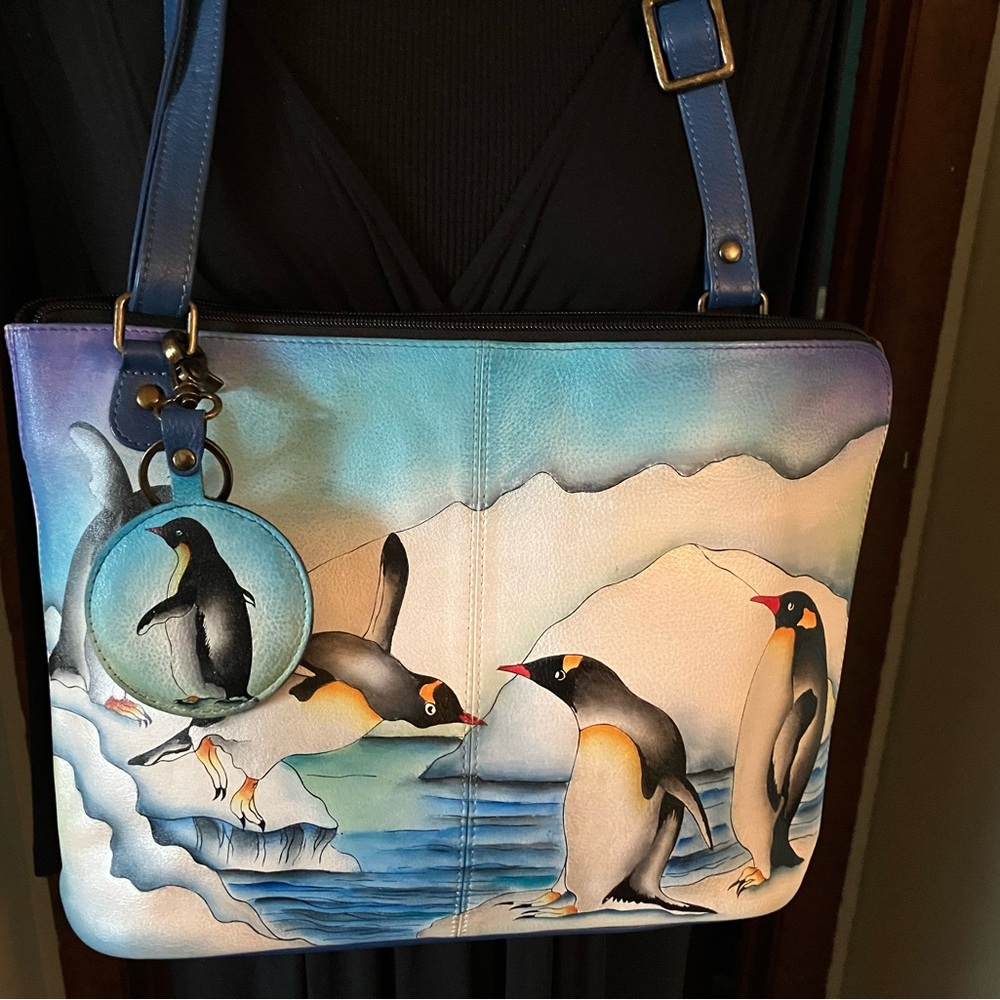 Anuschka Arctic Emperor Penguins Leather Hand Painted Organizer Crossbody RFID - Picture 4 of 13